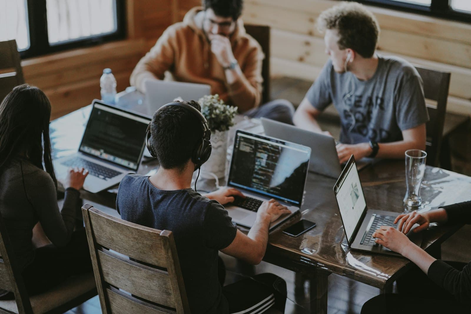 Team working together in a bright coworking space
